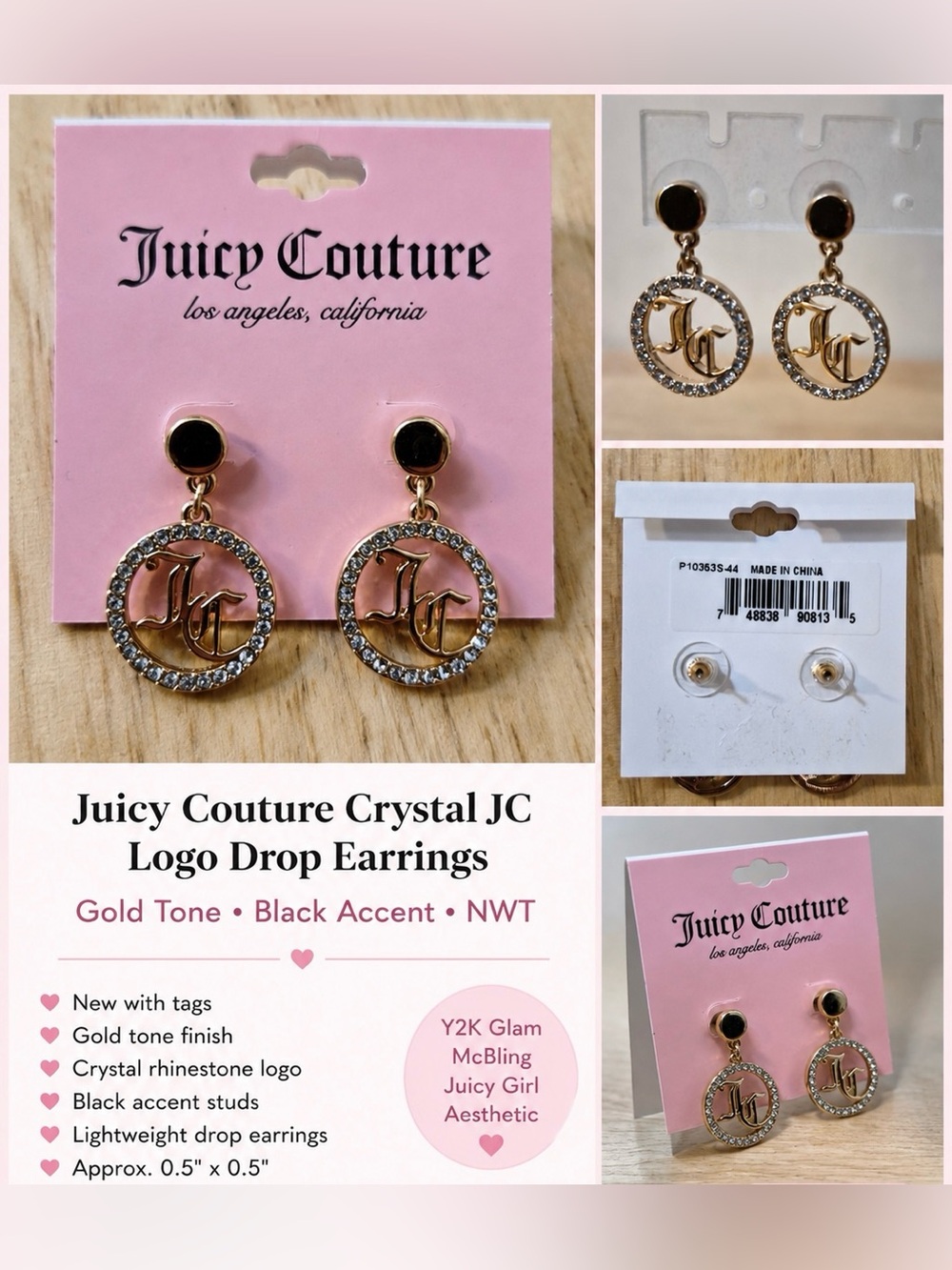 Juicy Couture Crystal JC Logo Drop Earrings Gold Tone Black Stud NWT